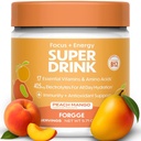 Potenciador de enerxía forgge Super Drink - cafeína limpa + B12, B6, C & D Vitaminas - Sugar Free Energy Drink Powder with Electrolytes, Aminoácidos, Antioxidantes, Lions Mane - Vegan, Keto-Friendly - 30 SVG, Peach Mango