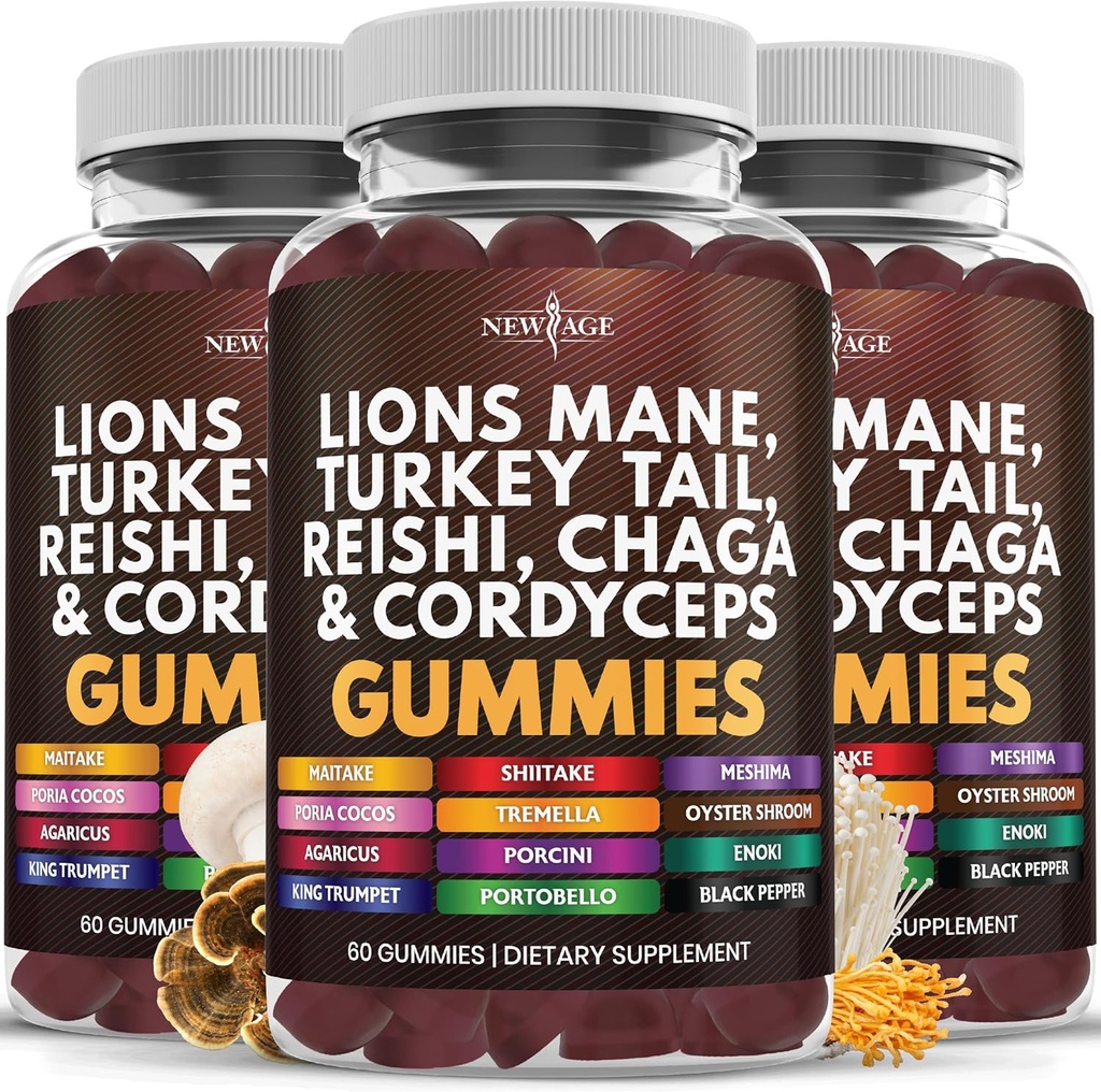 Yeni AGE Mushroom Lion's Mane Supplement Gummies - Reishi, Cordyceps - 180 Count