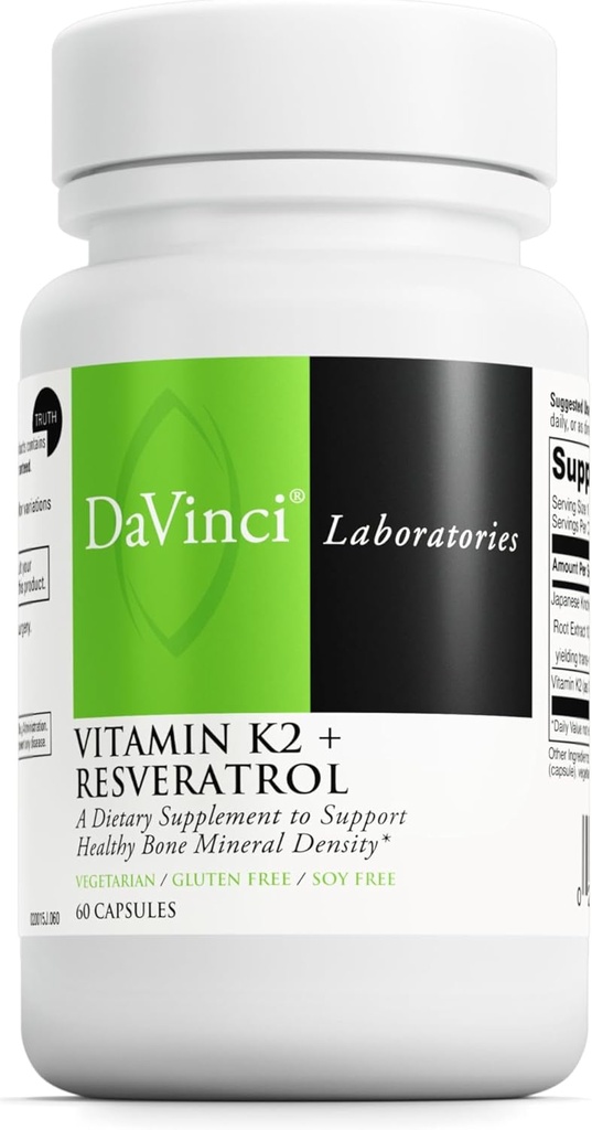 Laboratorios Davinci Vitamina K2 " Resveratrol - Salud ósea " Suplemento cardiovascular con soporte antioxidante* - Vegetariano, libre de gluten " Soy-libre de 60 cápsulas