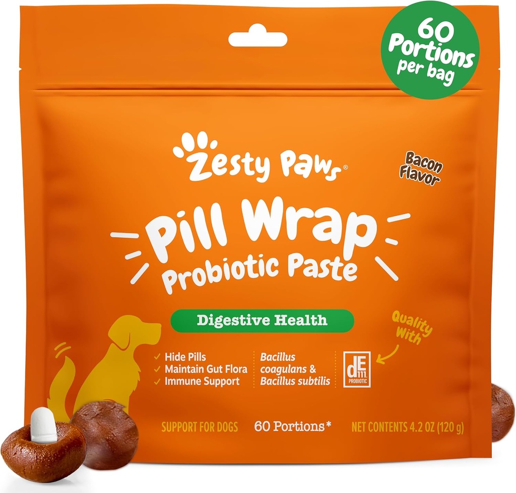 Zesess Paws Pill Wrap Probiotisk Paste til hunde - immunforsvar og fordøjelsessystem support - Bacon flavor - med DE111 Bacillus subtilis - pockets enhver pill, Tablet & Capsule til din hund - 4.2oz - 60 Portioner