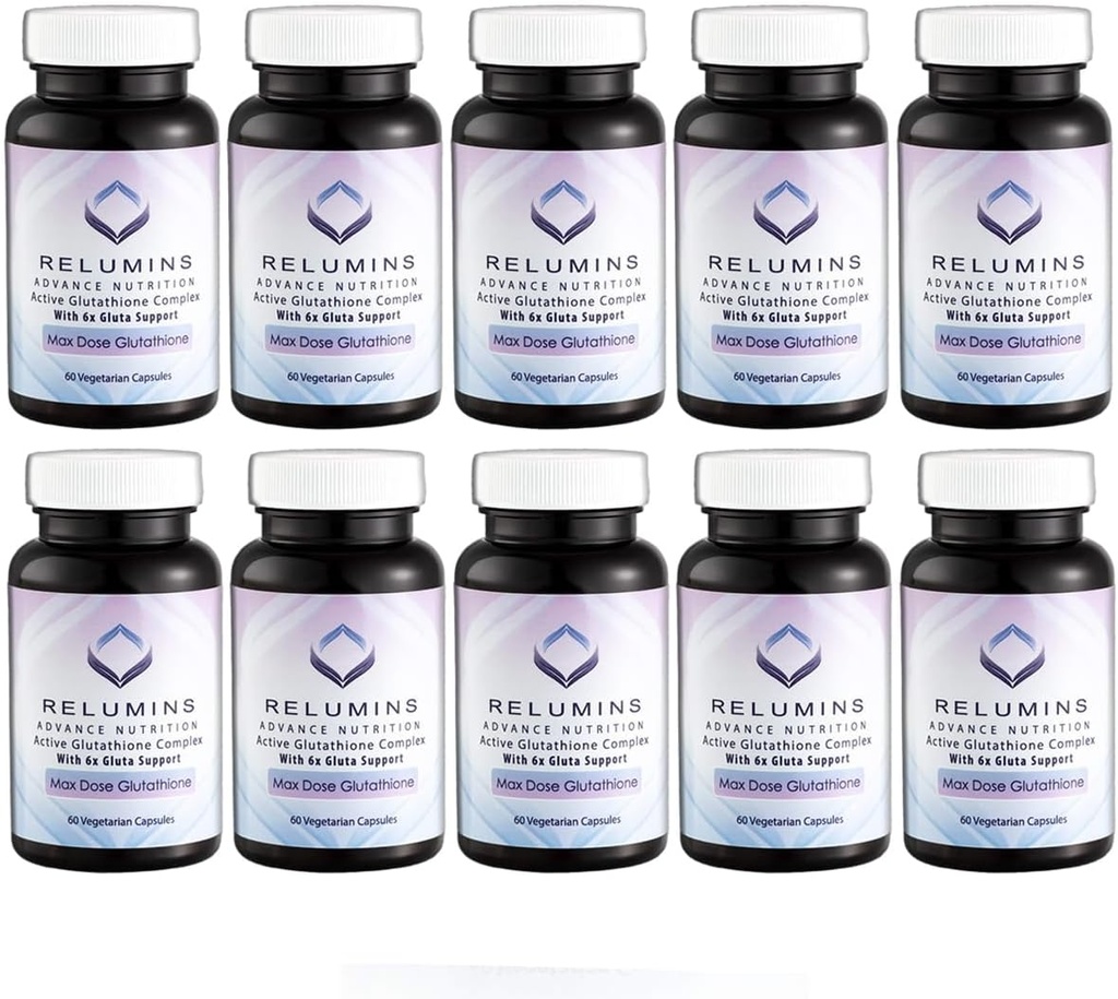 Relumins Advance White Active Glutathione Complex - Max Dose 900mg Glutathione with 6X Boosters, ALA & NAC - Anti-Aging Skin Brightening Supplement - 60 Caps x 10 Bottles