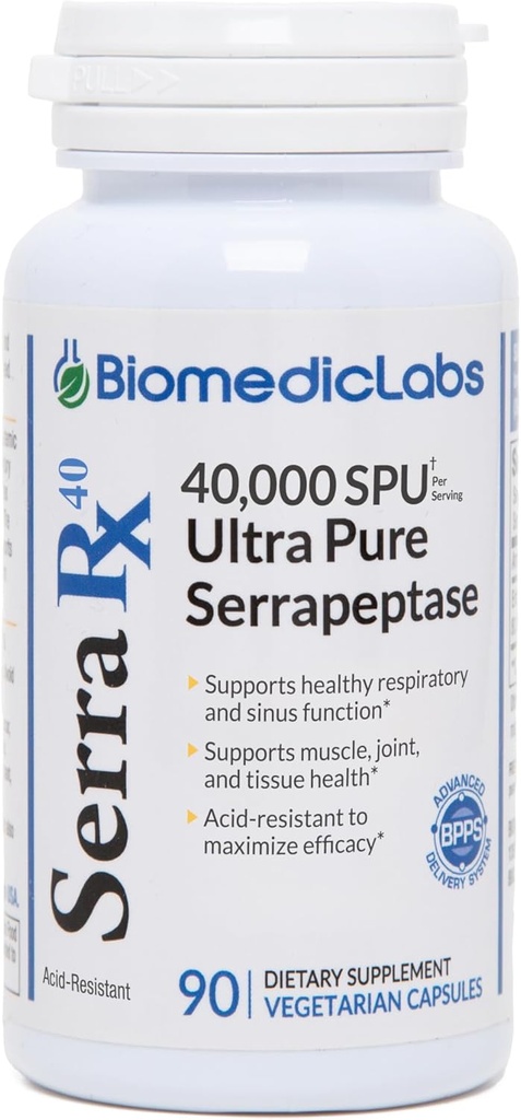 Serra-RX 40.000 SPU Serrapeptase - Acid-Resistant Proteolytische Systemische Enzyme, Non-GMO, Glutenvrij, Veganistisch, 90 Veg Capsules
