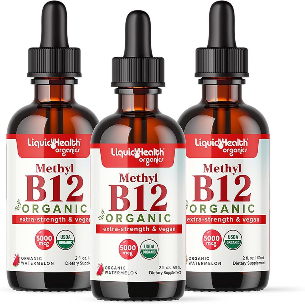 LIQUIDHEALTH USDA Organic Methyl Vitamin B12 Methylcobalamin Liquid Drops with Tart Cherry Juice - Boost Energy, Immune Support, Migliorare la memoria e la concentrazione - USA Made, Vegan, Non-GMO (3 Pack)