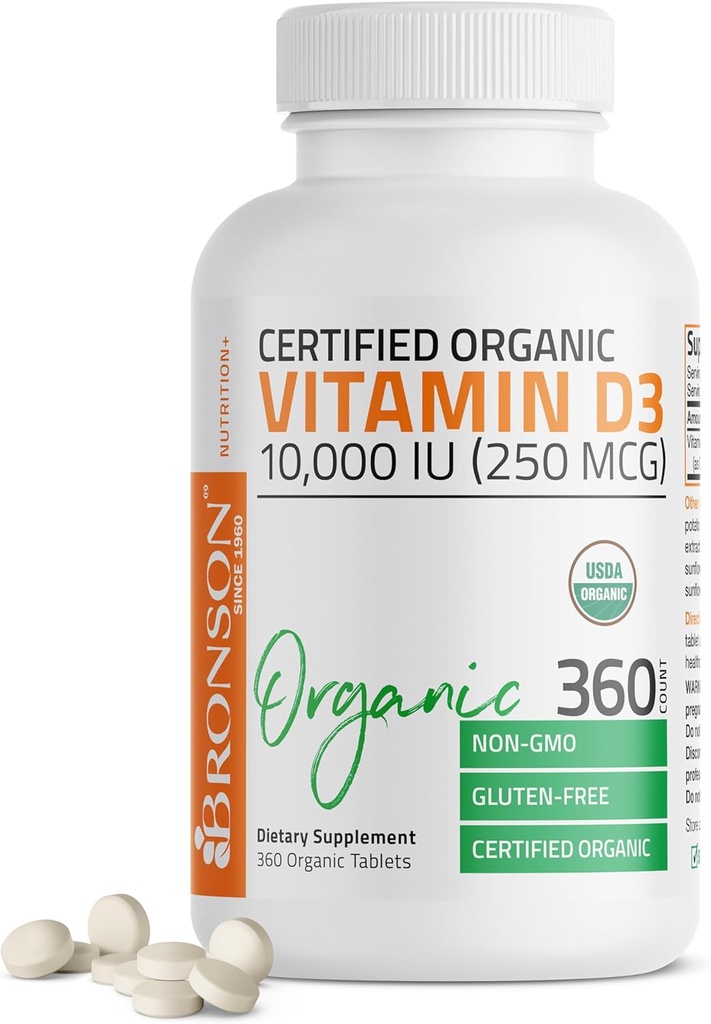 Bronson Vitamiin D3 10 000 RÜ (250 mcg) sertifitseeritud orgaaniline kõrge potentsi mitte-GMO D-vitamiini täiendus, 360 tabletti