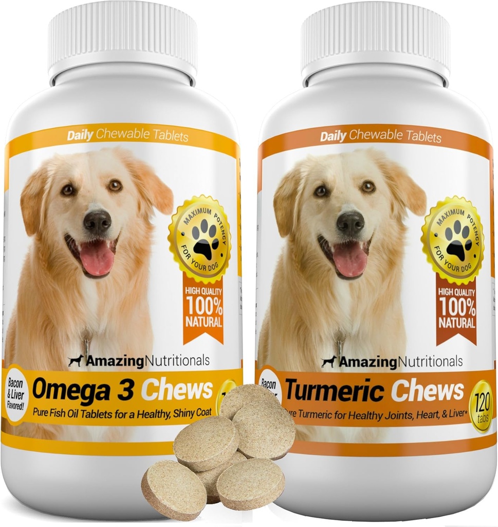 Amazing Combo Omega-3 Fish Oil and Turmeric Curcumin for Dogs - Pure All-Natural Pet Antioxidant - Promotes Shiny Coat, Brain Health, Eliminates Joint Pain, 120 Tasty Chews x 2