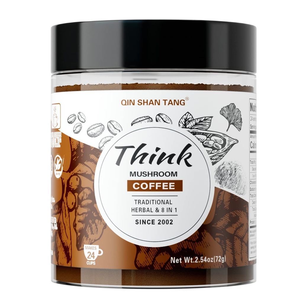 QIN SHAN TANG Mushroom Coffee for Brain and Focus, Traditional Formula, Lion's Mane, Ginkgo, Alpha-GPC, Bacopa, PS, L-Theanine