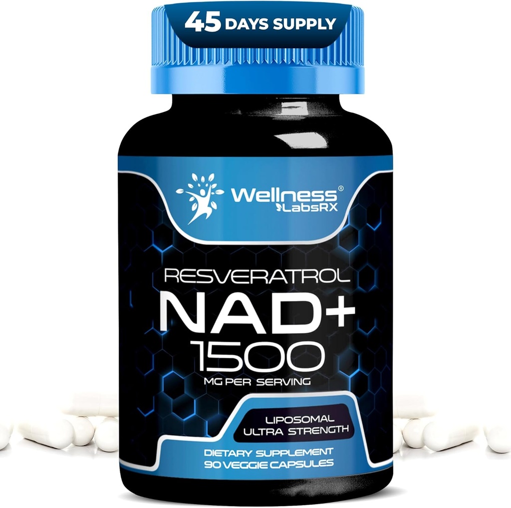WELLNESS LABSRX NAD kiegészítés, 1500mg - USA Made Liposomal NAD + Kiegészítés Resveratrol, NAD Plus boosting - Support Cellular Health, Stamina & Egészséges öregedés - Ultra Erő kapszula