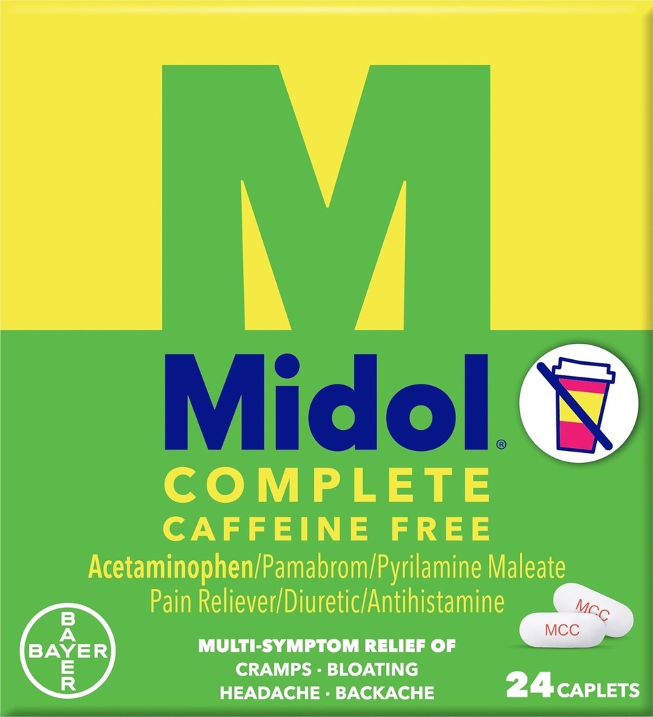 Midol Complete Caffeine Free Caplets 24ct: Midol Complete Caffeine Free Menstrual Pain Relief Caplets with Acetaminophen, Provides Headache Relief and Period Cramps Relief, 24 Count