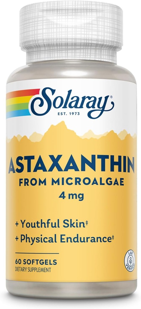 SOLARAY Astaxanthin 4 mg / Antioksik / Sağlam Göz, Cilt, Cardiovascular funksiyası və Birləşdirmə / 60 Softgels