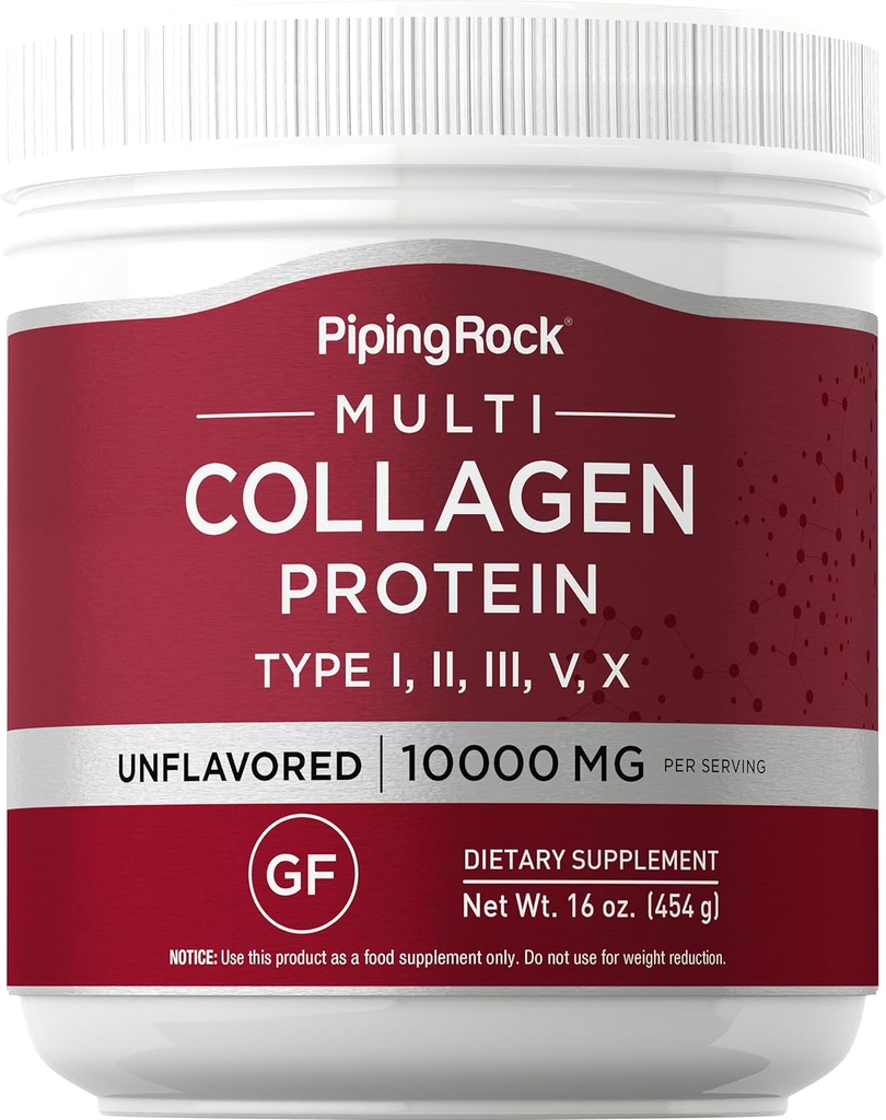 Piping Rock Multi Collagen proteino milteliai ® 124; 16 oz Unflavored ® 124; Type I II III V X ® 124; 10000mg Peptides Complex Additive for Men and Women ® 124; Gluten Free, non-GMO Addition