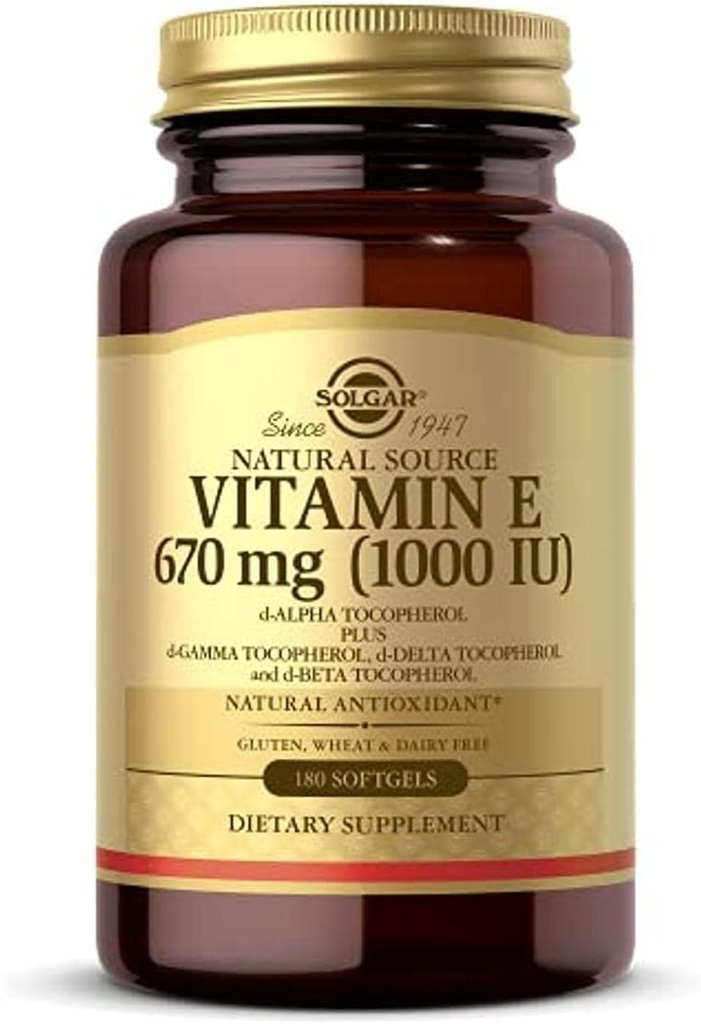 Solgar Vitamina E 670 mg (1000 UI), 180 Softgels - Antioxidant natural, Skin & Immune System Support - Vitamina E cu sursă naturală - Gluten gratuit, lactate - 180 Serviri