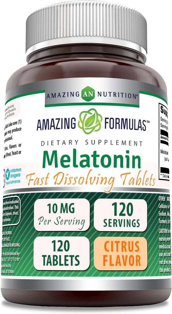 Amazing Formulas Melatonin 10 Mg | Fast Disizasiya Tabletlər Təhlükəsizlik - Citrus Flavor / Qeyri-GMO / Gluten-Free / ABŞ (1 Paket / 120 Count)