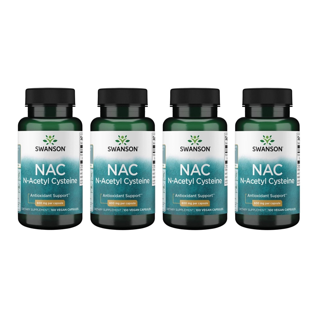 Swanson NAC N-Acetyl Cysteine Liver Health and Antioxidant Supplement for Adults Seeking Detox and Free Radical Support - 600 mg (100 Vegan Capsules, 4 Pack)