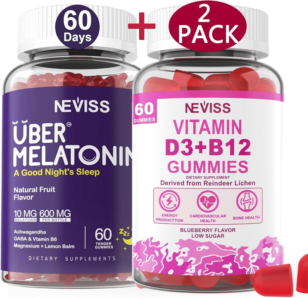 NEVISS Melatonine + Vitamine D3 & B12 Gummies, Vegan, 2+2=4 Pack