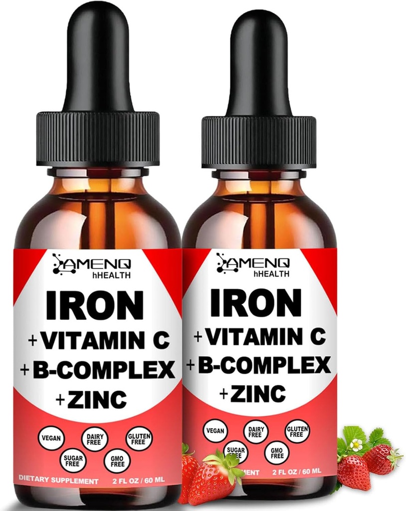 2 Pack Liquid Iron Supplement w/ Vitamin C, A, B-kompleks, Vegan jern dropper høy styrke flytende vitamin og jern kosttilskudd for kvinner, menn og barn - støtte rød blodcelle, energi, anemi og tretthet