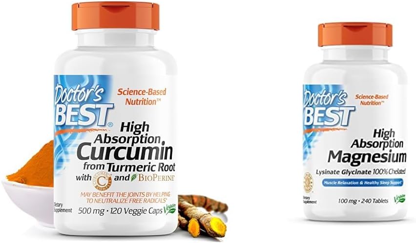 Doctor's Best DRB-00107 High Absorption Curcumin from Turmeric Root with C3 Complex & BioPerine 500mg & High Absorption Magnesium Glycinate Lysinate, 100% Chelated, non-GMO, טבעוני, Gluten Glutententen Gluten 000mg & High Absorption Magnesium Glycinate Lysinate Lysinate, 100% Chelated, Non-GMO, לא-GMO, טבעוני, טבעוני, Gluten Gluten Gluten