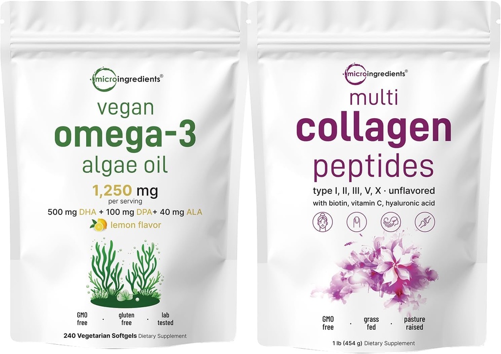 Micro Ingredients Multi Collagen Protein Powder 16oz & Vegan Omega 3 Algae Oil Supplement Bundle 2 Pack | Grass-Fed Collagen Peptides | Omega-3 Full Spectrum Alternativ för fiskolja