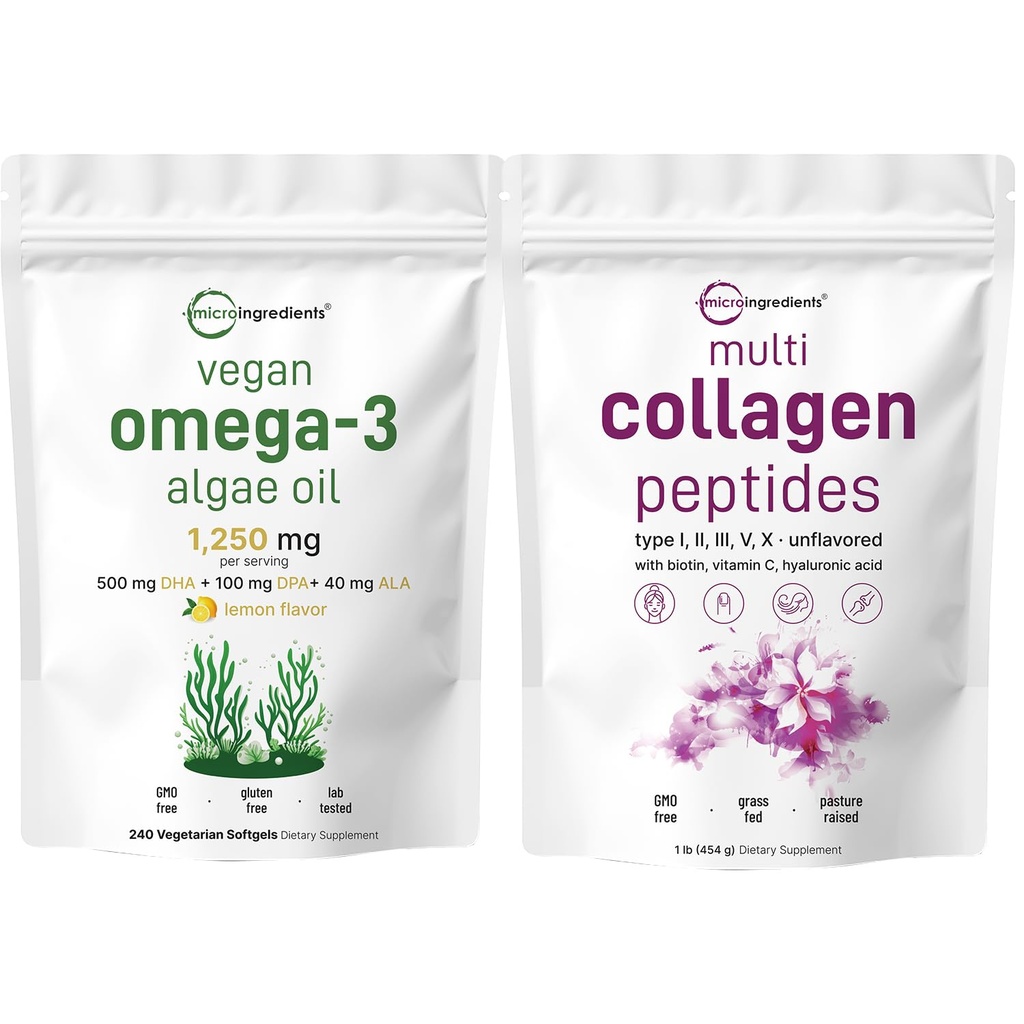 Micro Ingredients Multi Collagen Protein Powder 16oz & Vegan Omega 3 Algae Oil Supplement Bundle 2 Pack | Grass-Fed Collagen Peptides | Omega-3 Full Spectrum Alternative to Fish Oil