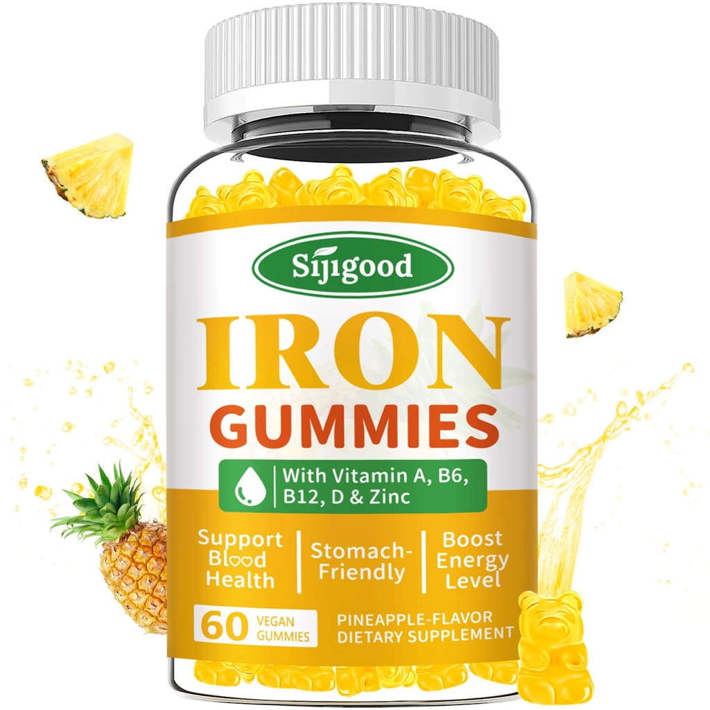 Iron Gummies for Women & Men - Vegan Iron Supplement for Anemia & Iron Deficiency, with Vitamin B12, Vitamin C, Zinc, Folate - Energy Boost, Sugar-Free, Pineapple Flavor, 60 Count