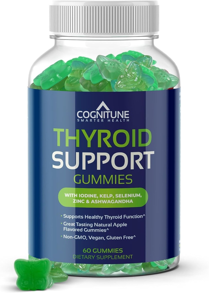 Thyroid Support Gummies for Women & Men - Non-GMO, Vegan, Gluten-Free, med jod, Kelp, Ashwagandha, Zink, Selen och mer - Natural Apple Flavor Thyroid Gummies Supplement för Hypothryoidism