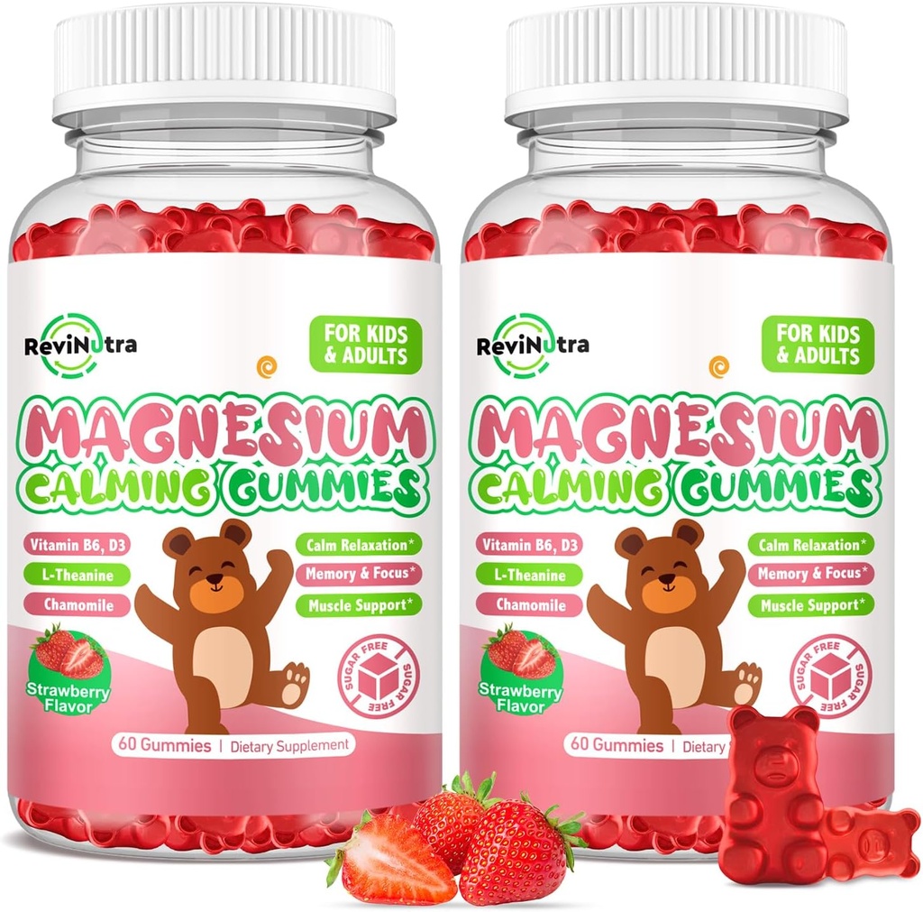 Vaikai Magnis Glycinate Gummies, magnio papildas L-Theanine, Vitaminas B6, D3 vaikams ir suaugusiems, Calm Magnis miego atsipalaiduoti, smegenys, Bones, Cukraus nemokamai braškių 120 ct