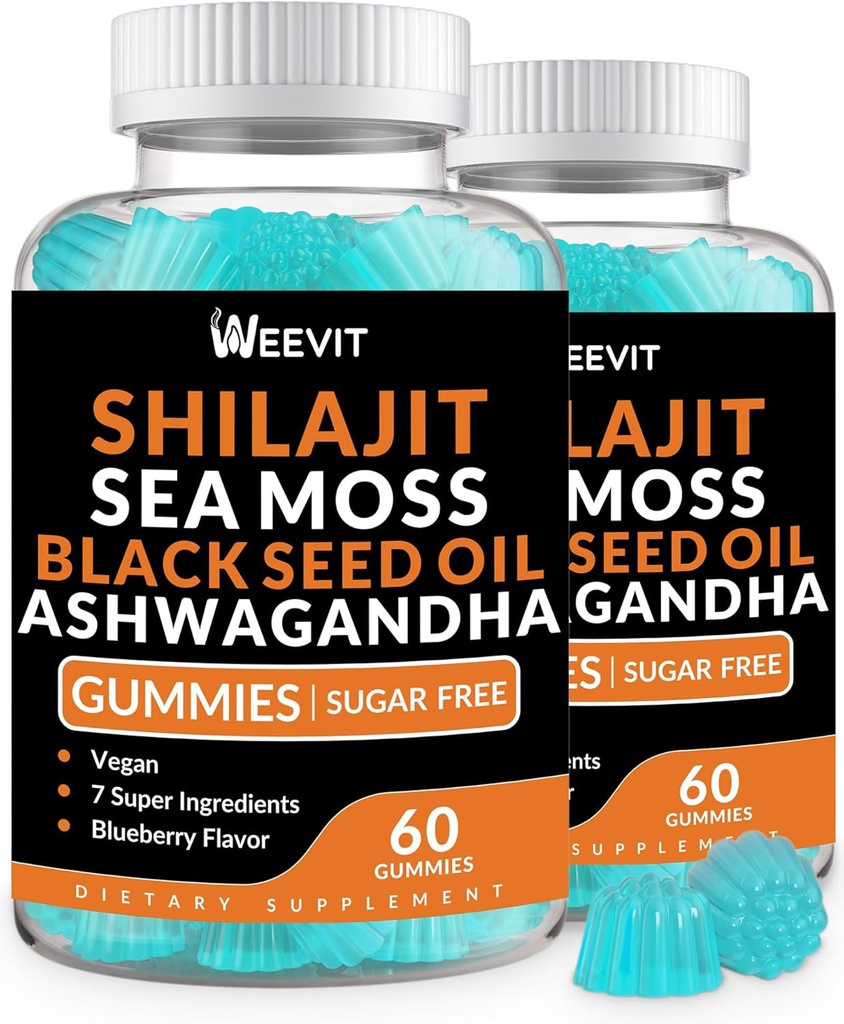 Shilajit Sea Moss Ashwagandha Gummys配有Turmeric、黑种子油、男女维生素CD、Shilajit和Ashwagandha Gummy,全部为Imune、吸收和能源支助的1个补编