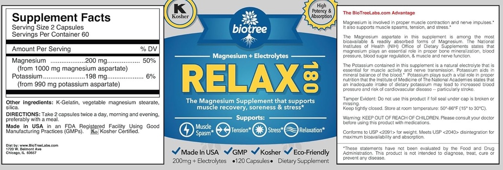 BioTree Labs Relax 180 - Pack de 3 x 120, supplément de magnésium et de potassium avec électrolytes
