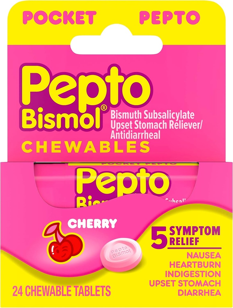 Pepto Bismol Pocket Chewable Tablets for Nausea, Heartburn, Indigestion, Upset Stomach, and Diarrhea - 5 Symptom Fast Relief, Cherry Flavor 24 ct