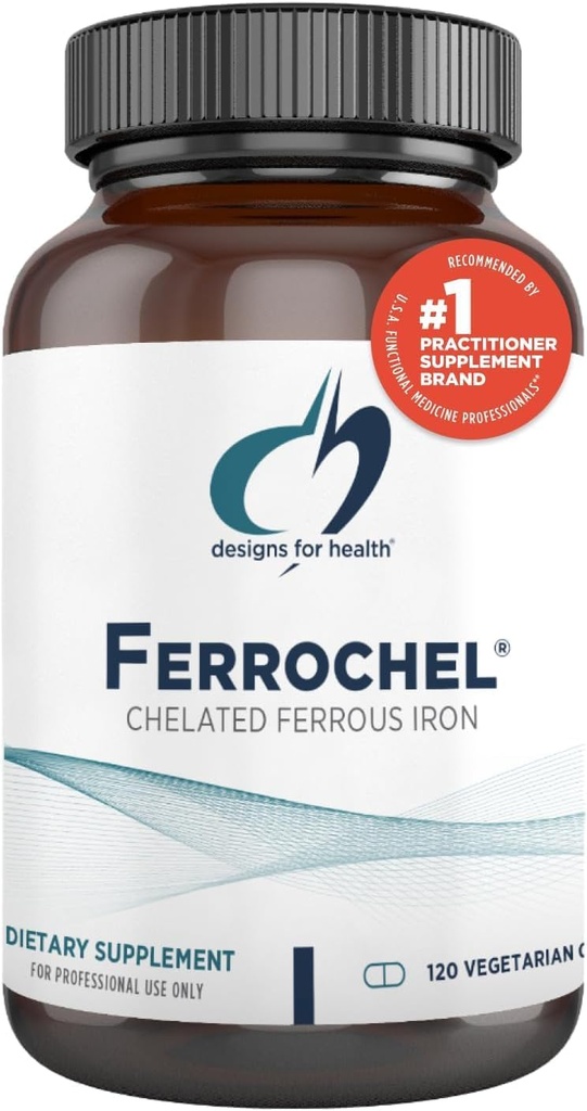 Deseños de ferro para a saúde - Vital para a produción de enerxía, Inmune e Cerebro Saúde, Ferrochel de alta absorción Chelado para Mulleres e Homes como Ferrous Bisglycinate Chelate - Embarazo Seguro (120 cápsulas Vegan)
