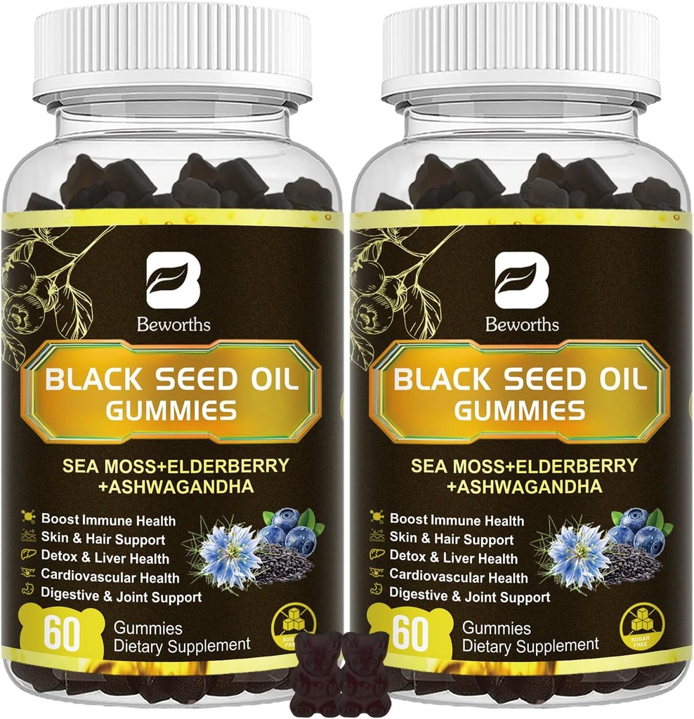 Black Seed Oil & Sea Moss Gummies, 2Pack Irish Sea Moss Gummies with Black Seed Oil, Ashwagandha Extract, Elderberry, Turmeric, Witamina C, Witamina D3 - Wsparcie immunologiczne, Joints, trawienie, Włosy i skóra