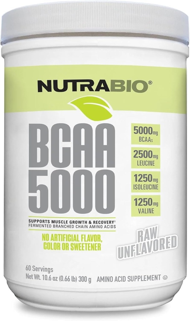 NutraBio BCAA 5000 прах - Ферментирани разклонени вериги Аминокиселини за мускулен растеж и възстановяване - природни аромати, подсладители и оцветяване, Веган, Глутен безплатно - неароматизирани, 60 Сервиз