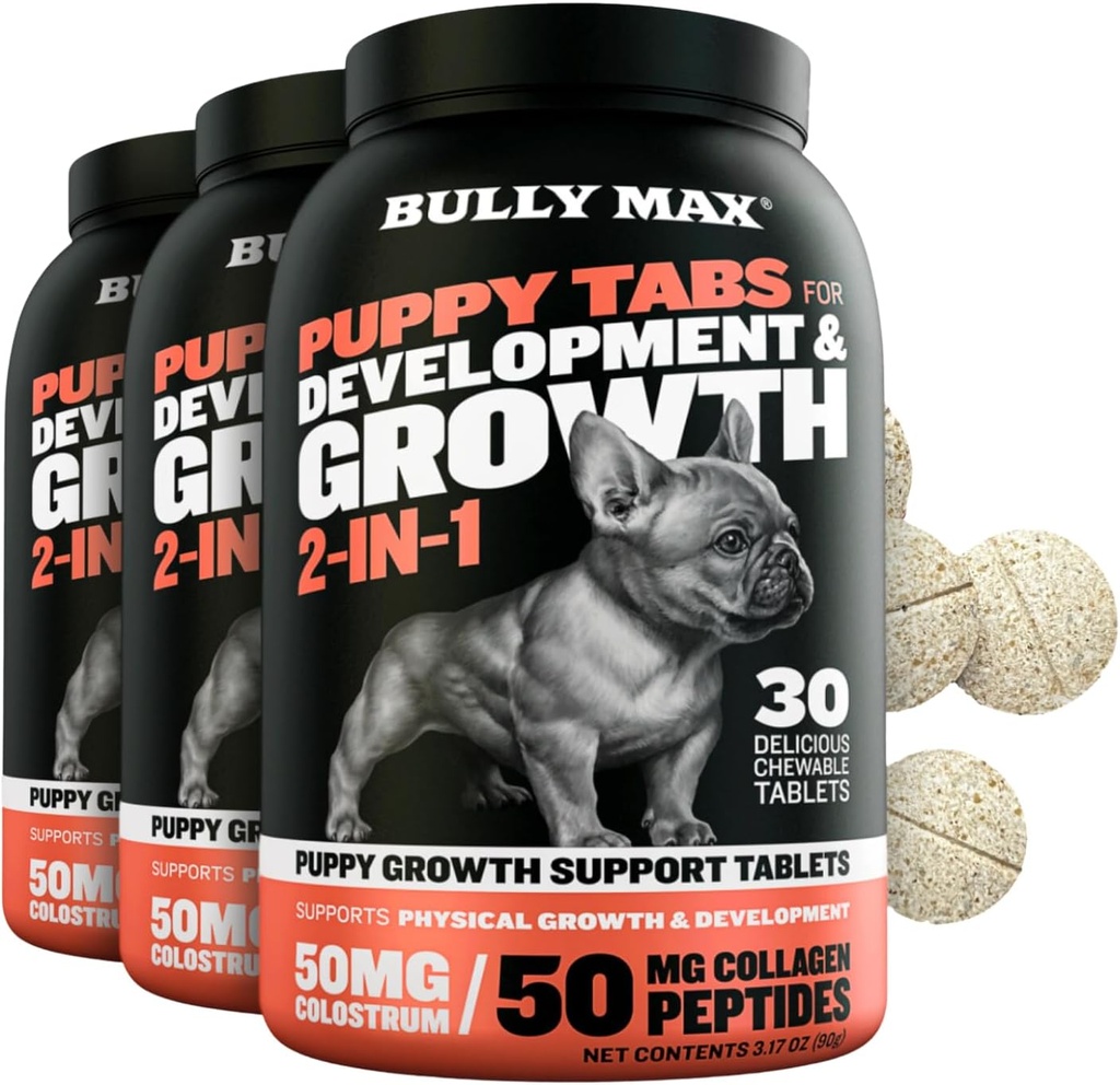 Bully Max 2-in-1 Puppy Vitaminen - 30 Kauwtabletten voor groei en ontwikkeling van puppies - Multivitaminen Treats en essentiële hondensupplementen voor kleine honden en grote rassen kweken pups - 3 flessen