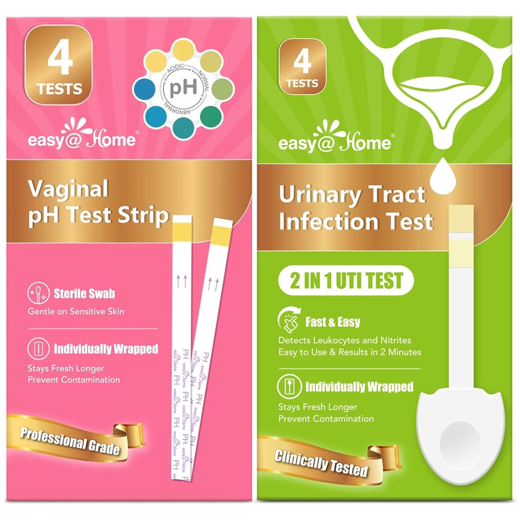 Easy @ Home Test pH Vaginal Strips & UTI Test Zestawy (8 Count): Yeast Infection, BV, UTI Tests for Women, Fast Accurate Results, 4 Tract Infection Tract Infection & 4 Badania pH femininy
