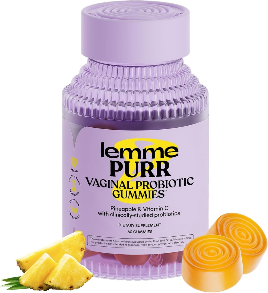 Lemme Purr Probiotyczne gumki dla kobiet - Zbalansowany pH, Zdrowy zapach, Równowaga Yeast & Flora Support + Witamina C dla zdrowia immunologicznego - Smaczny ananas (60 Count)