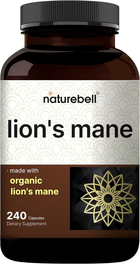 NatureBell Lions Mane Mushroom Supples Kapsułki, 240 Kapsułki 124; 120 Day Supply - Wykonane z Ekologicznego Lion 's Mane w proszku ekstrakt - Kognitive Brain Nootropic & Immune Health Support - Non-GMO