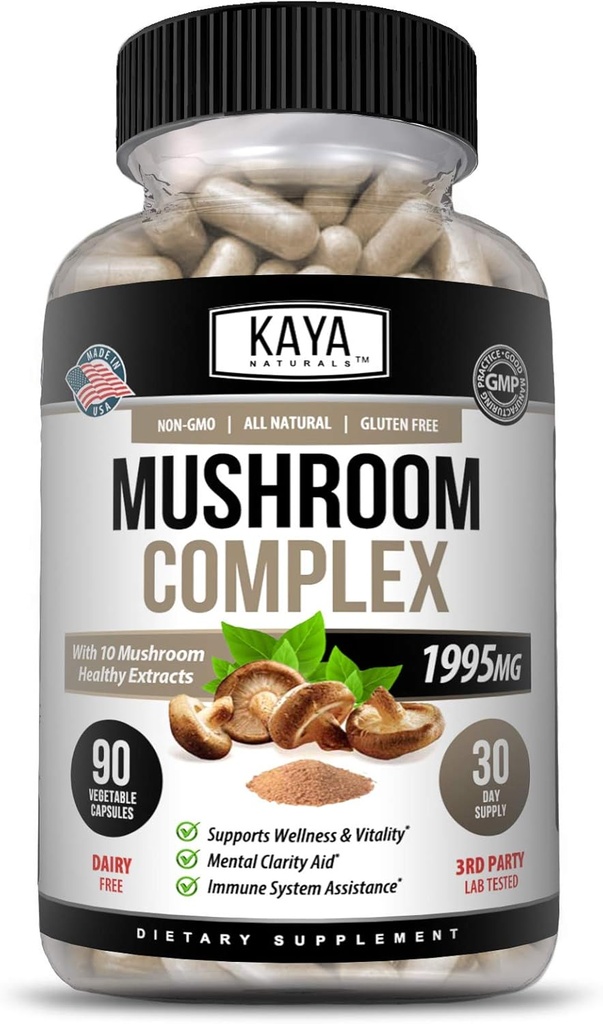 Kaya Naturals Premium Mushroom Complex Potent 1995mg Per Serving Wellness Support 