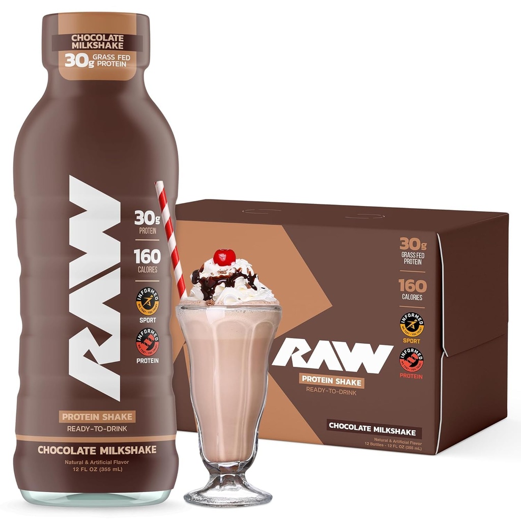RAW Valmis-to-Drink Protein Shake, Chocolate - RTD Valgujoogid Grass-Fed vadakuvalgu Isolaadiga pärast treeningut - Zero-Sugar & Gluteenivaba eine asendusjook & hommikusöök Shake, 12 Fl Oz