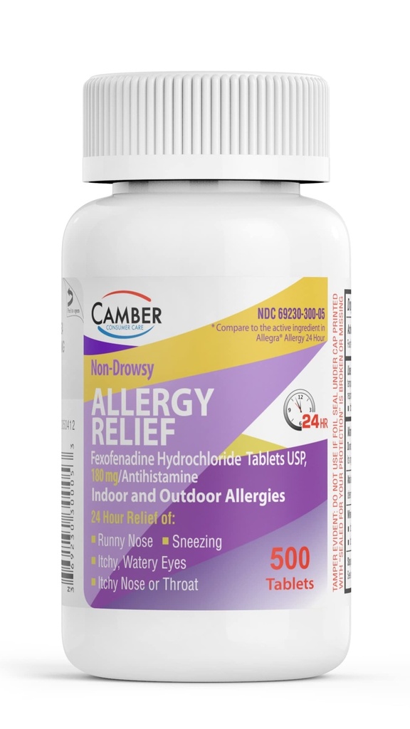 Camber 24 Hrs Non-Drowsy Fexofenadine Antihistamine Indoor Outdoor Allergy Relief Tablets 500 Count Family Size