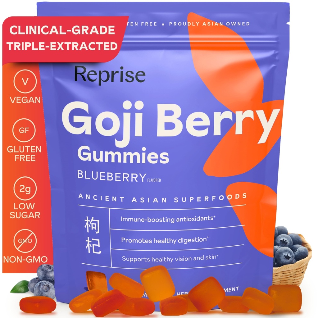 Reprise Goji Berry Superfood Gummies - All-Natural Antioxidant, Digestion, 240 mg Full-Potency, Low-Sugar, Vegan, 45 Blueberry Flavored Gummies (Pack of 1)