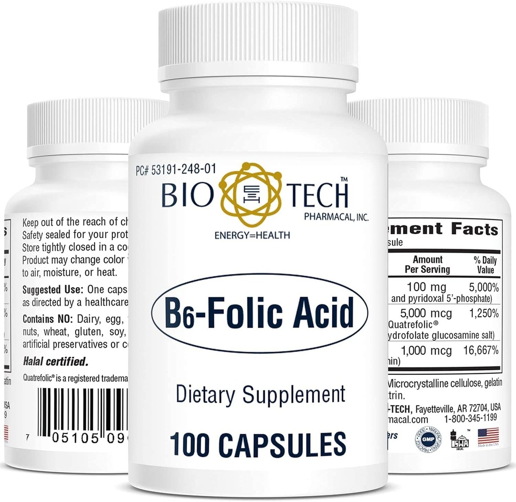 Bio-Tech Pharmacal B6-Folic 산, 100 캡슐 – 모든 자연 보충 – 지원 심혈관, 뼈, & 신경 시스템 건강 – 아니 낙농, 물고기, 글루텐, 땅콩, 껍질, Halal, & Soy – 없음