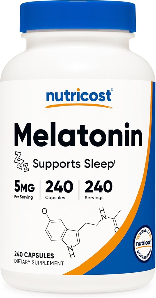 Nutricost Melatonin 5mg, 240 капсули - 5mg per Serving, Non-GMO, Gluten Free