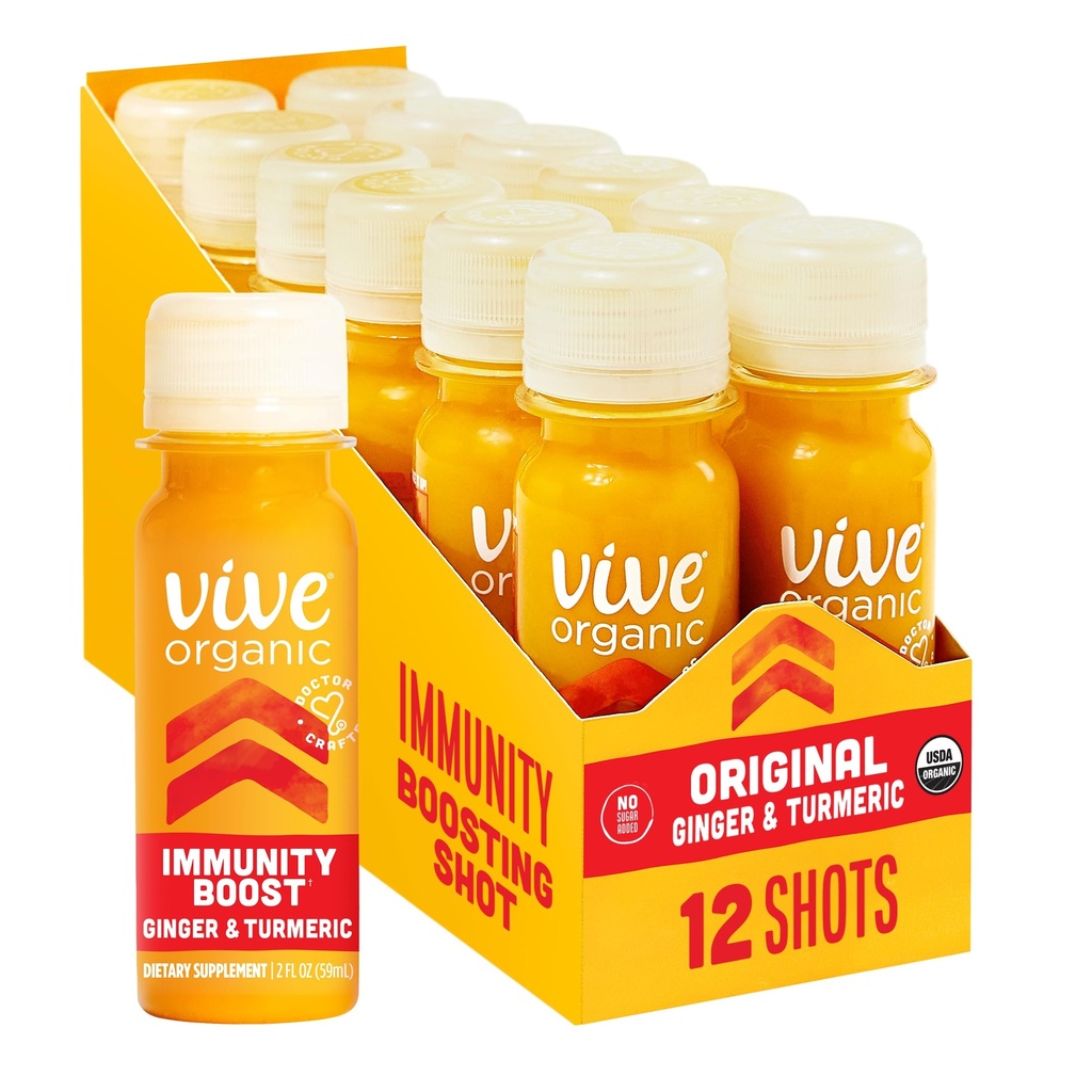 Vive Organic Immune Support Shot, Cold-Pressed Ginger, Turmeric, & Echinacea, Gluten Free, Vegan, Immunity Boost Original, 2 Fl Oz (Pack of 12)