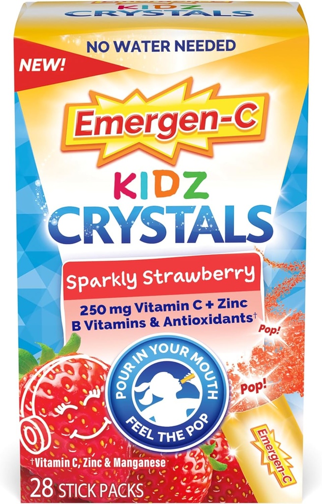 Cristalli Emergen-C Kidz, Integratore di Supporto Immune On-The-Go con Vitamina C, Vitamine B, Zinco e Manganese, Fragola Scintillante - 28 Stick Pack