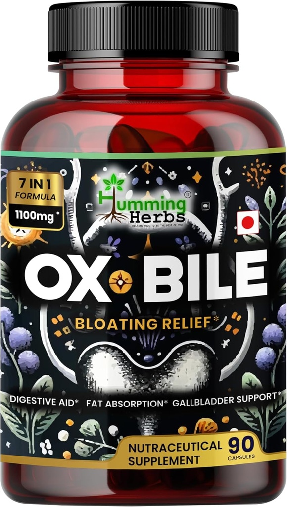 Humming Kräuter Ox Bile mit Verdauungsenzymen & Pre/Probiotics 90 Veg Caps Cholic Acid, Inulin, Betaine HCl, Pfefferminz, Bromelain Gesunde Verdauung & Nährstoffaufnahme - Bile Salts Supplement