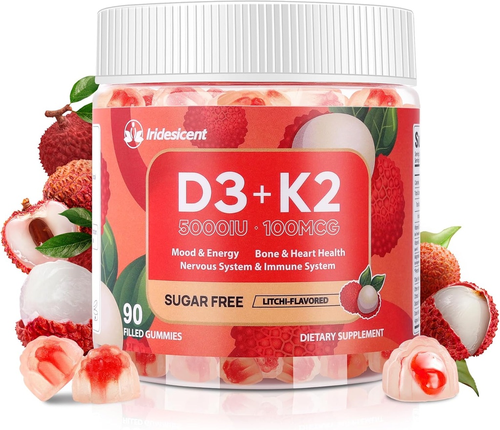 Vitamin D3 K2 Gummies w/Magnesium Sugar Free - 90 Count | D3 Vitamin 5,000 IU + K2(MK-7) 100 mcg - Vegan K2 D3 Vitamin Supplement, Highly Absorbent Supports Bone, Muscle, Mood & Immune(Lychee Flavor)