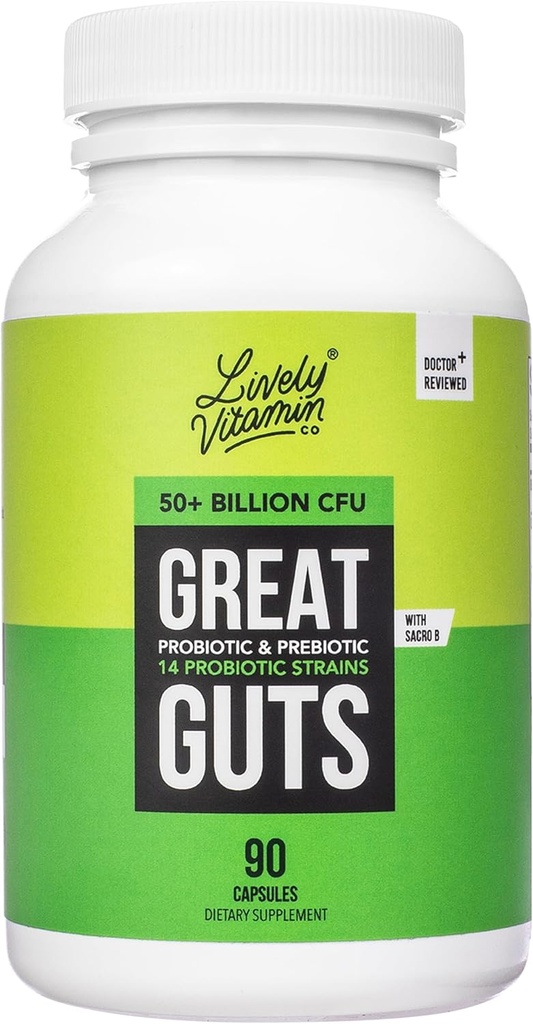 Lively VITAMIN CO. Great Guts Probiotic 50 מיליארד CFU Probiotic - Balance Gut Microbiome, GI Tract, Inflammation, Indigestion, Reflux, Upset Stomach, & Diarrhea - 90 Capshua