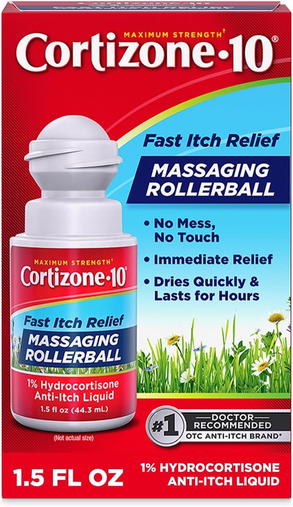Cortizone-10 Máxima Força Itch Relief Massagem Rollerball, 1% de hidrocortisona, de ação rápida, Líquido Anti- Itch para mordidas de Bug, Erupção cutânea, Eczema, Psoríase, Hera Veneno, Carvalho, Sumac, 1,5 fl. oz