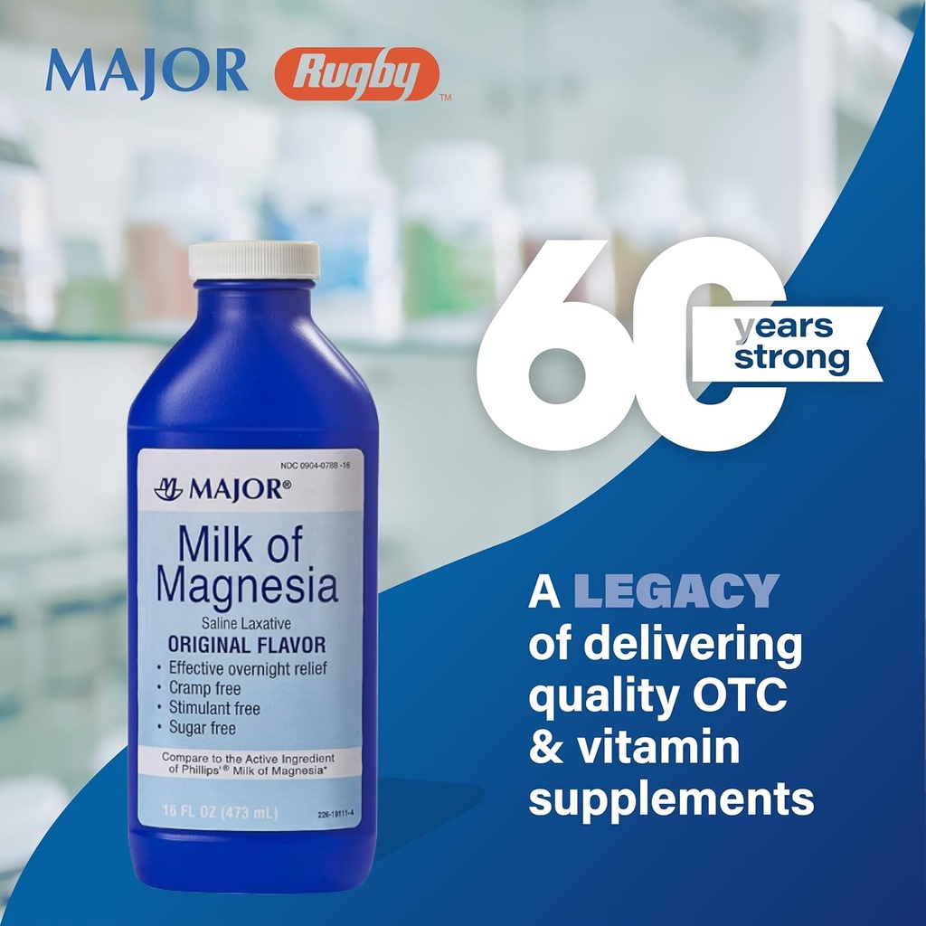 MAJOR Milk of Magnesia Saline Laxative - Original Flavor - Efectivo Overnight Relief - Sen estimulantes, sen azucre - 16 Fl Oz