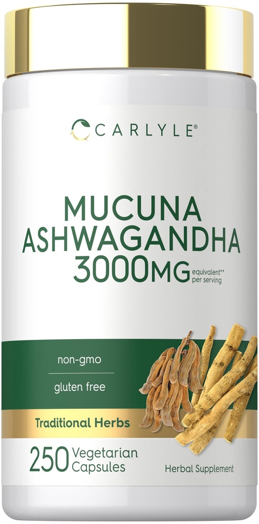 Carlyle Mucuna with Ashwagandha | 250 Capsules | Mucuna Pruriens Supplement | Vegetarian, Non-GMO, Gluten Free