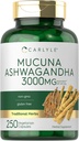Carlyle Mucuna với Ashwagandha 3000mg 250 Capsules  Mucuna Pruriens bổ trợ cho thực vật, không-GMO, Gluten free